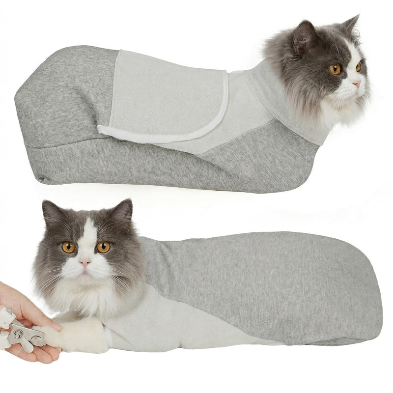 Pawfun Cat Wrap for Cutting Nails, Self-Adhesive Cat Nail Clipping Restraint Bag, Anti-Scratch Cat Grooming Wrap Swaddle for Meds, SubQ Fluids, Ear Cleaning, Teeth Brushing & Vet Visits,Grey,M