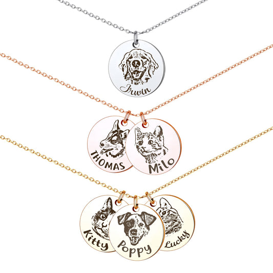 Anavia Personalized Pet Portrait Necklace, Handmade Memorial Jewelry Gift, Custom Round Disc Photo Engraved Necklace for Animal Lovers, Dog Mom, Dog Dad