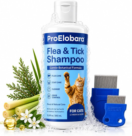 Flea & Tick Shampoo for Cats – Gentle Botanical Formula with Cedarwood Oil, Lemongrass Oil & Geraniol – Rich-Lather Clea