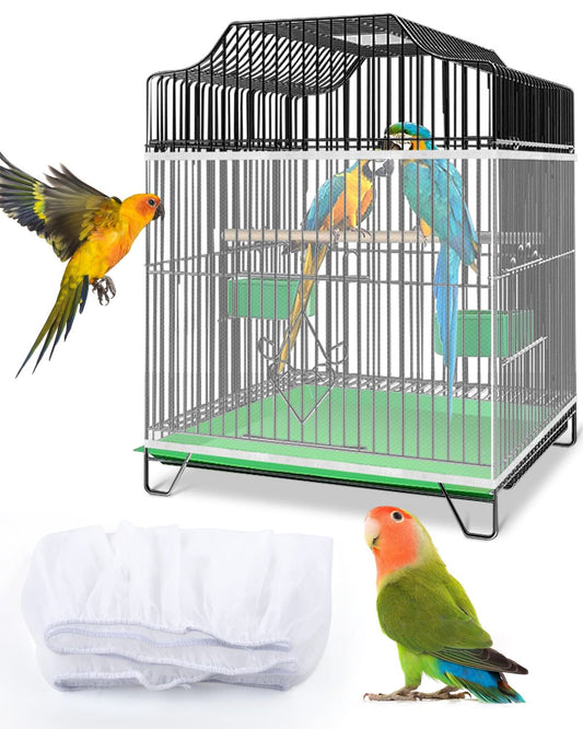 Bissap Bird Cage Seed Catcher, Universal Birdcage Net Nylon Adjustable Elastic Band Stretchy Skirts Mesh Cover for Parrot Cage Seed Guard (Not Include Birdcage)- White