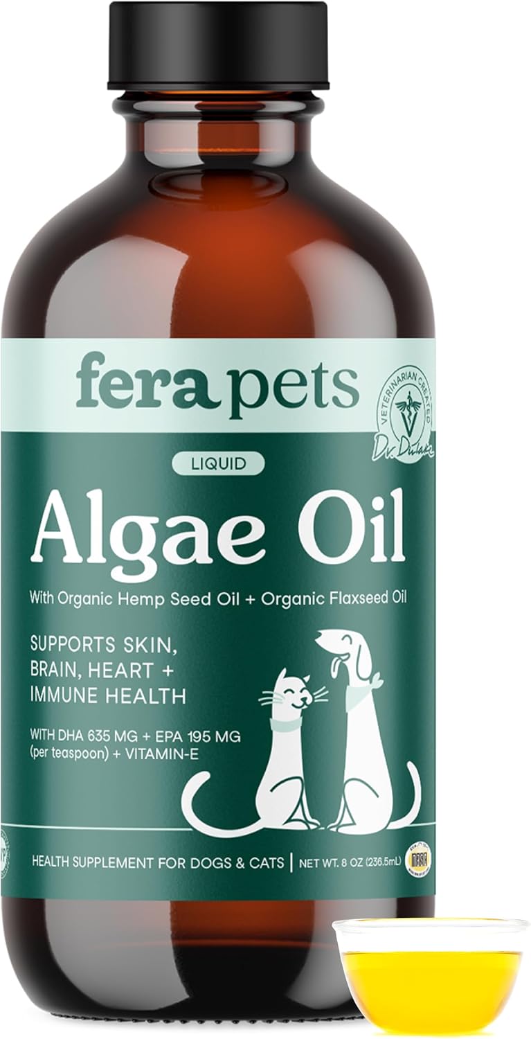 Fera Pets Algae Oil - Cats & Dogs Omega 3 Oil - Vegan - Immune, Heart, Brain, Skin and Coat Support - Includes Vitamin E, Organic Hemp Seed & Flaxseed Oil - 100% Plant Based Omega-3s - 8 oz