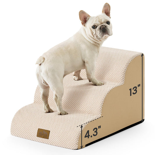 COZY KISS Dog Stairs for Small Dogs 13" H, 3-Step Slope Curved Dog Steps for Couch, Chair or Bed, Sturdy Pet Stairs for Puppy, Older Cat, Cat Ladder with High Density Foam, 15.7x20x13 inch, Beige