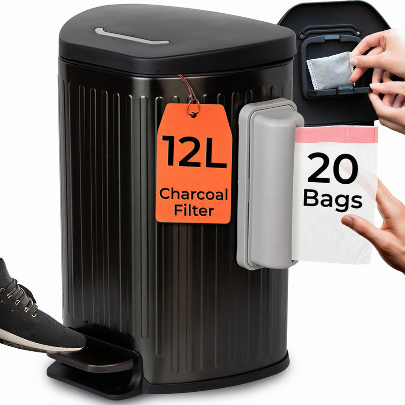 Dog Poop Trash Can Outside with Lid – 12L Stainless Steel Outdoor Trash Can with Reusable Charcoal Filter, Step-On Pedal & Bag Dispenser – Dog Waste Station, Cat Litter Trash Can & Diaper Pail