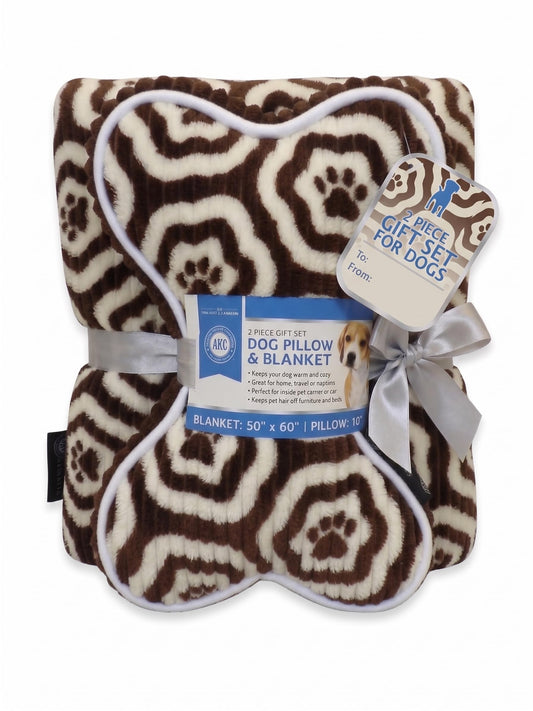 American Kennel Club 60''x50'' Pet Blanket & 10'' Pillow Set, Warm Plush Blanket for Dogs & Cats - Paw Print - Brown
