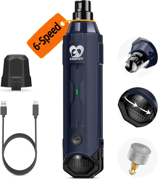 Casfuy 6-Speed Dog Nail Grinder - Newest Enhanced Pet Nail Grinder Super Quiet Rechargeable Electric Dog Nail Trimmer Painless Paws Grooming & Smoothing Tool for Large Medium Small Dogs (Blue)