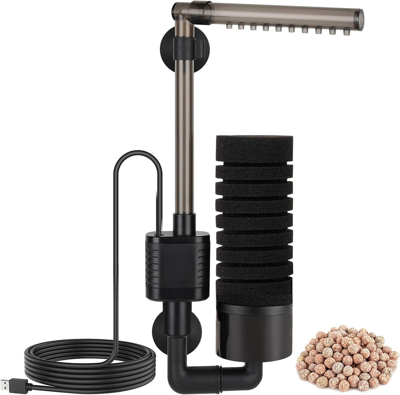 hygger USB Single Sponge Filter, Small Aquarium Filter with Adjustable Hanging Clip and Suction Cup, Duckbill Outlet, Ra
