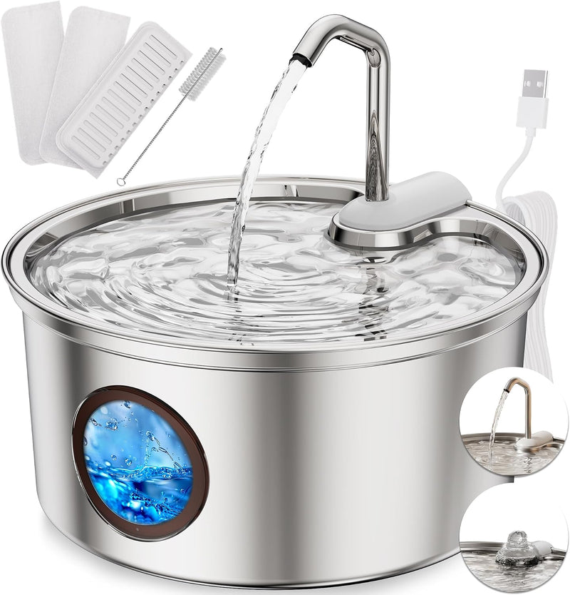 Cat Water Fountain Stainless Steel Indoor with 3 Filters, 2 Flow Modes