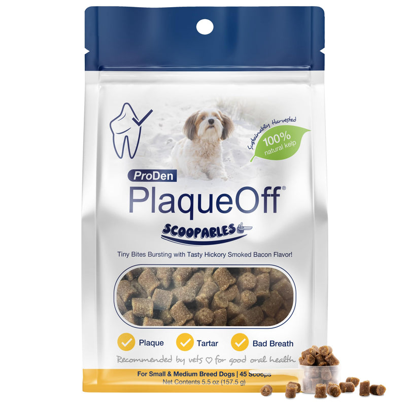 ProDen PlaqueOff Scoopables - Hickory Smoked Bacon Flavor Dental Bites for Small Dogs, Natural Kelp for Plaque & Tartar Control, Freshens Breath - Small & Medium Breed Dental Care- 45 Scoops