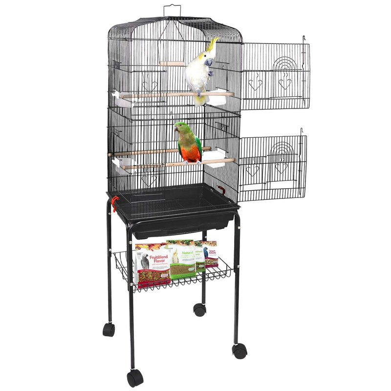 SUPER DEAL 59.3 Rolling Bird Cage Large Wrought Iron Cage for Cockatiel Sun Conure Parakeet Finch Budgie Lovebird Canary Medium Pet House with Rolling Stand & Storage Shelf