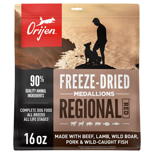 ORIJEN Grain Free High Protein Freeze Dried Dog Food & Topper Regional Red Recipe 16oz Bag