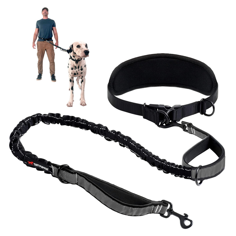 Tuff Pupper Heavy Duty Hands Free Dog Leash | One Large Dog Up to 125 lbs | Comfortable Shock Absorbing Bungee | Reflective Padded Handles | Lumbar Waist Belt 28-50