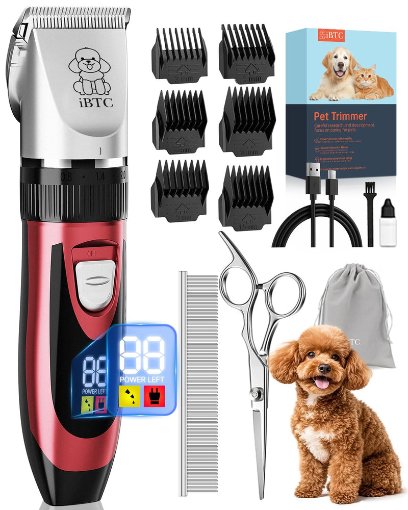 iBTC Dog Shaver Clippers Low Noise Rechargeable Cordless Electric Quiet Hair Clippers Set for Dogs Cats Pets Features a Ceramic Blade Head that is Removable (red)