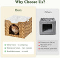 SETVSON Cat Beds Indoor Kitten House, Handwoven Rattan Cat Cave Pet Cube, Large Cat Houses, One Bed Mat, Foldable, Hideaway, 16.5x16.5x13.2 Inches, 2 S-Shaped Hooks in Living Room Bedroom Natural