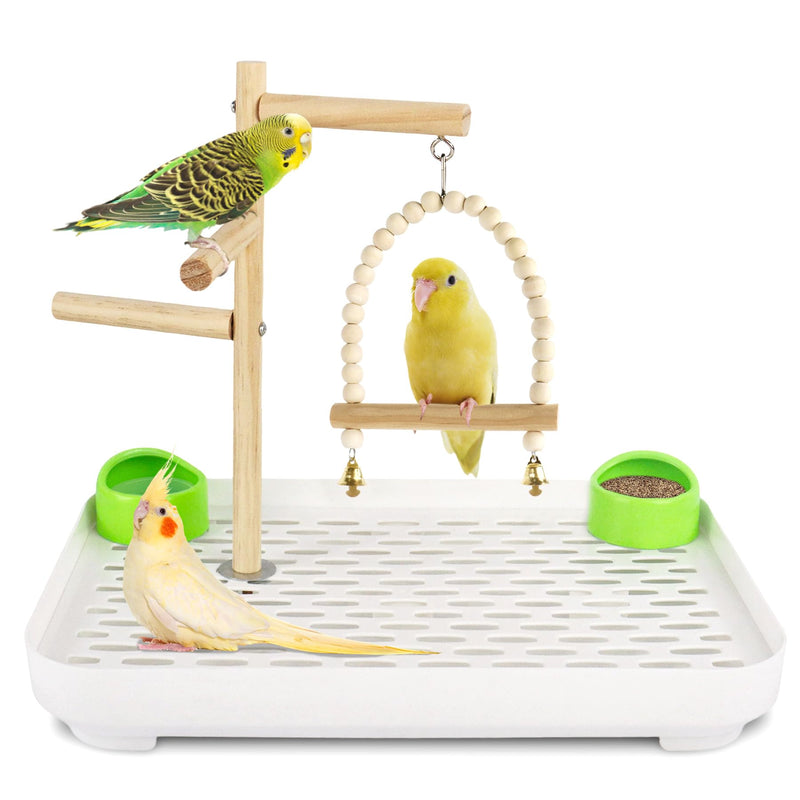 Dmnnlp 4 In 1 Bird Playground Stan with Large Tray, Food Bowl, Wooden Bird Play Stand and Swing, Play Gym & Accessories for Parrots Cockatiels Conures Parakeets Lovebirds