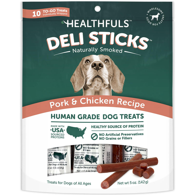 HEALTHFULS Deli Sticks Pork and Chicken Human-Grade Gluten-Free Soft and Chewy Dog Treats, 10 Count Bag