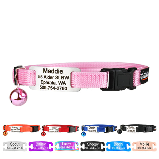 GoTags Personalized Cat Collars with Tag, Engraved Custom Cat Collar with Name and Phone, Breakaway Collar with Safety Buckle and Bell, Adjustable for Cats and Kitten (Pink with Nameplate)