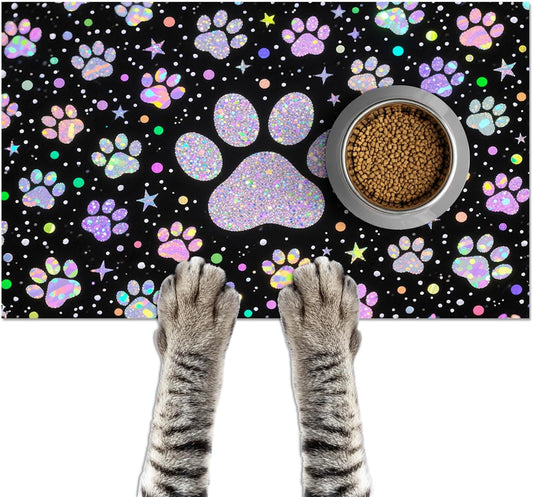 HOMETITUTE Pet Feeding Mats Cat Mat for Food and Water 20" x 12" Glitter Paw Print Cat Bowl Placemat Non-Slip Indoor Feeding Station Cute Pet Meal Mat for Small Pets Kitchen Floor Use