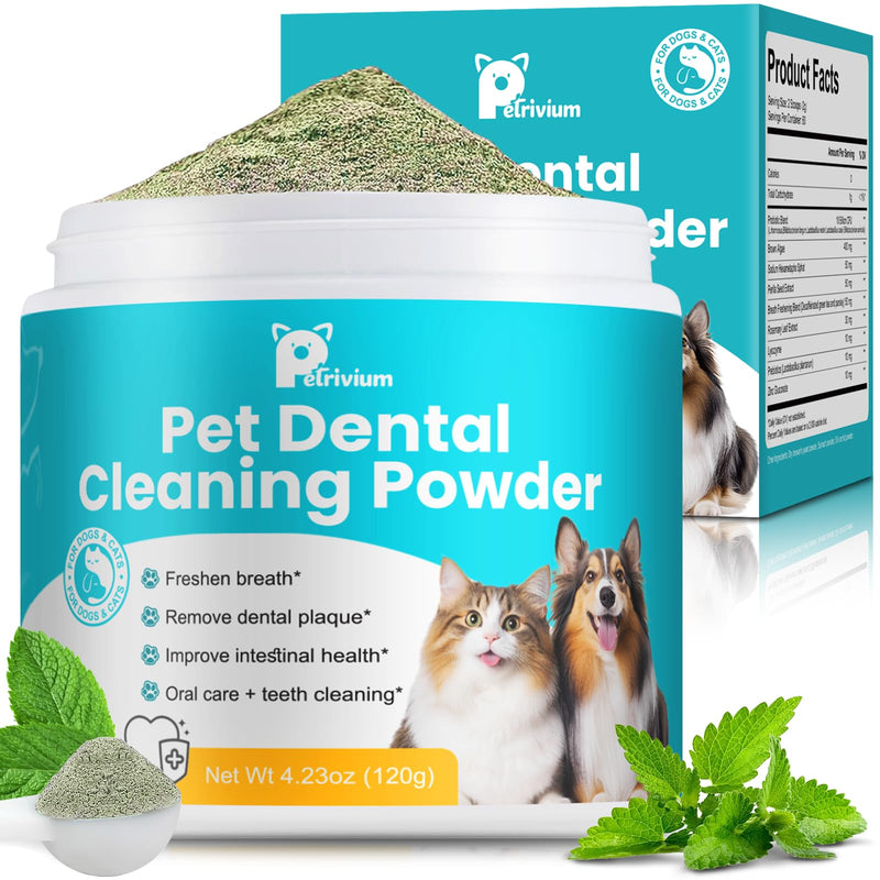 Dog Dental Powder - Teeth Cleaning Powder for Dogs Dental Care and Bad Breath Fresh, Plaque Reduce, Tartar Remover with Enzyme, Probiotics. PlaqueOff Pet Tooth Cleaning 120 Grams 60 Days Supply