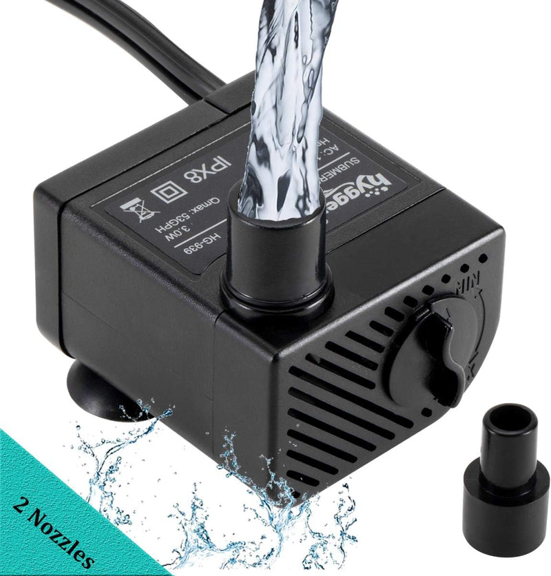 hygger Ultra Quiet 53GPH (200L/H, 3W) Submersible Mini Water Pump Comes with 2 Nozzles, for Aquariums, Fish Tank, Founta
