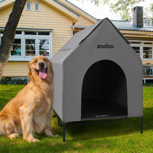 Zooba 48" XL Outdoor Dog House – Weatherproof Elevated Pet Shelter, Breathable Mesh & Steel Frame, Easy to Assemble & Clean, Large Dog Houses for All Seasons (Grey)