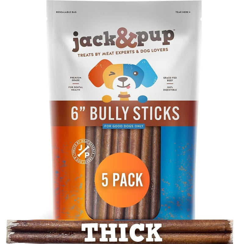Jack&Pup 6 Inch Bully Sticks for Dogs (5 Pack) Extra Thick Long Lasting Dog Chews, Single Ingredient, 100% Beef Bully Sticks for Large Dogs