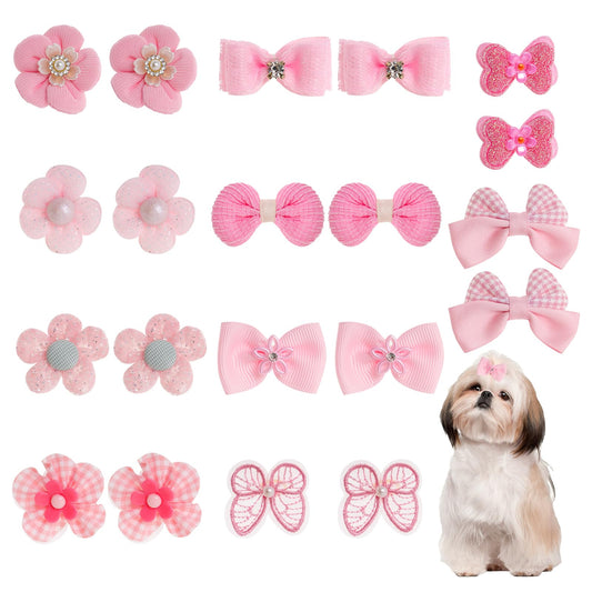 20Pcs Light Pink Small Dog Hair Bows Cute Puppy Dog Bowknot Hair Bow Bulk with Rubber Bands Elastic Lace Rhinestone Pearls Hair Ties Mix Style Handmade Flower Bow Dog Cat (Light Pink, Cute pattern)