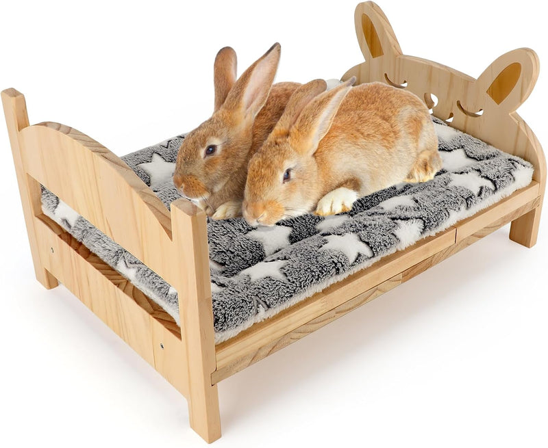 Large Wooden Rabbit Bed, 2-in-1 Bunny Bed with Gray Star Mat