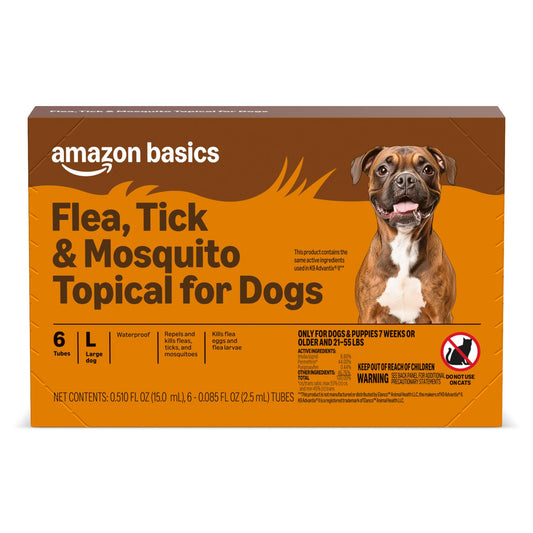 Amazon Basics Preventative Flea, Tick & Mosquito Topical Treatment for Large Dogs (21-55 pounds), 6 Count, Packaging May Vary