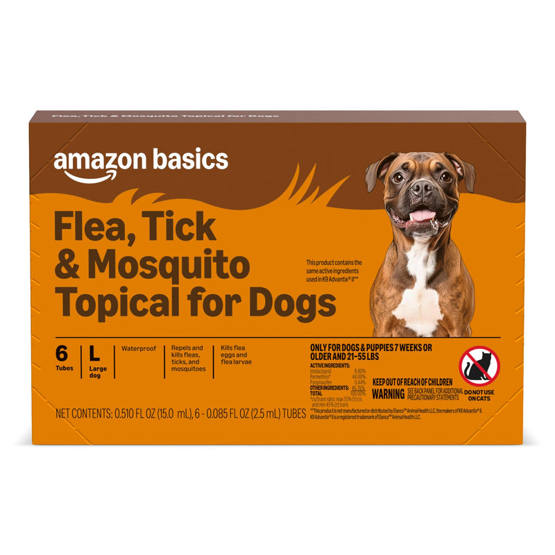 Amazon Basics Preventative Flea, Tick & Mosquito Topical Treatment for Large Dogs (21-55 pounds), 6 Count, Packaging May Vary