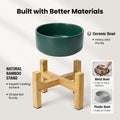 Elevated Ceramic Cat Bowl - Cat Food Bowl with Bamboo Stand - Raised Dog Dish for Puppies - Anti Vomiting, Stress Free - 13.5 oz / 400 ml - White