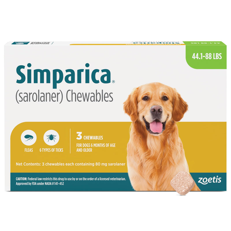 Simparica (sarolaner) Chewables for Dogs, 80 mg/tab, 44.1-88 lbs (Green), 3 Tablets
