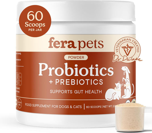 Fera Pets Organic Probiotics for Dogs & Cats with Prebiotics, 60 Scoops | USDA Organic Gut Health Powder Supplement with 12 Strains and 5 Billion CFUs