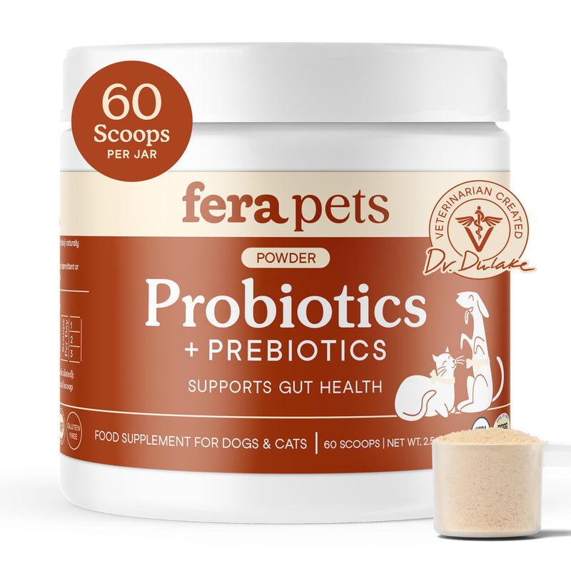 Fera Pets Probiotics for Dogs & Cats with Prebiotics - USDA Organic Cat & Dog Probiotic Powder with 12 Strains & 5 Billion CFUs - Cat & Dog Probiotics for Immunity, Energy and Skin & Coat - 60 Scoops