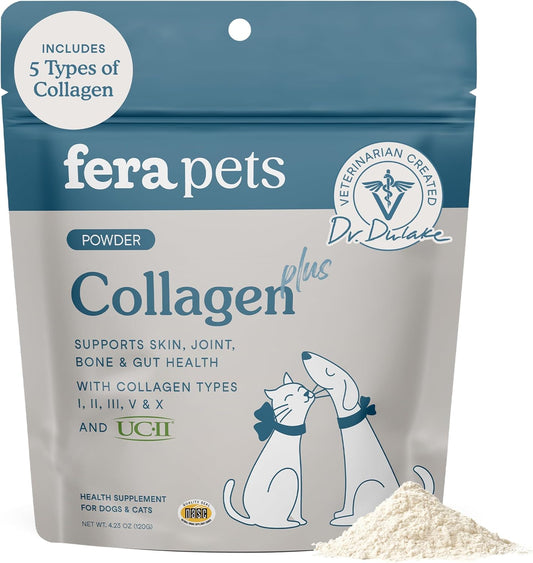 Fera Pets Cat & Dog Collagen Powder - 5 Types of Collagen + Clinically Studied UC-II® - Bone, Gut, Joint and Skin Supplement - 4.23 oz