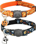 Halloween Cat Collar,2 Pack Collar with Bells, Orange+Black