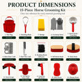 Horse Grooming Kit, 15-Piece Horse Brush Set with Red Tote Bag, Long Shedding Blade, Hoof Pick, Curry Comb, Sweat Scrape