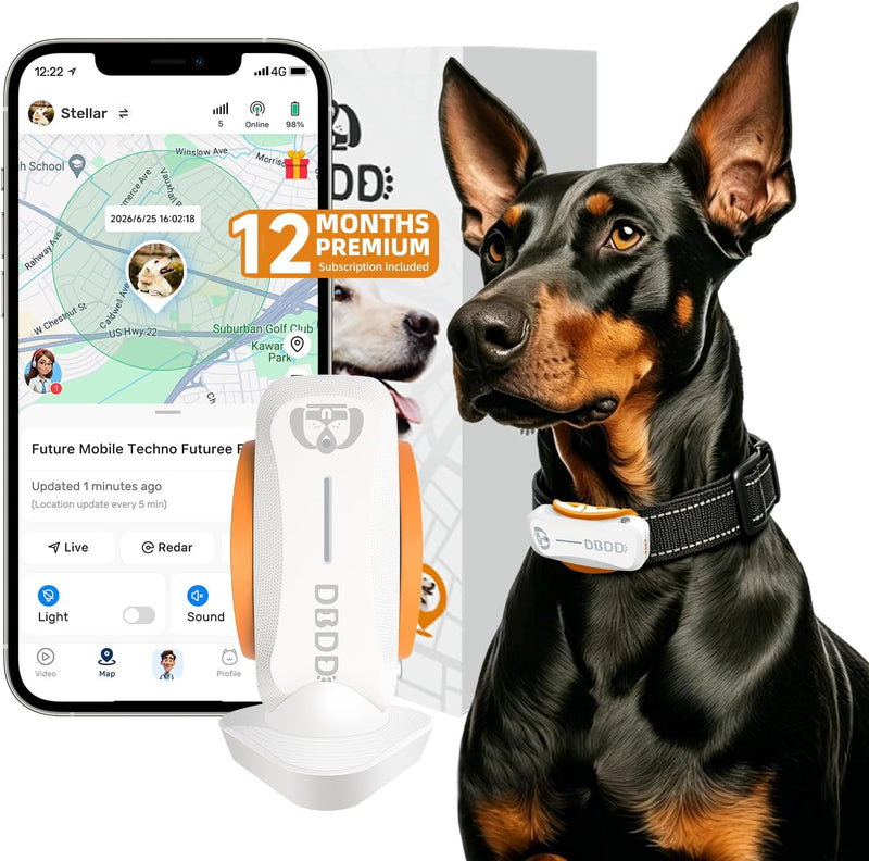DBDD GPS Dog Trackers, 12-Mo Sub, Real-Time Loc, E-Fence, Health Monitor