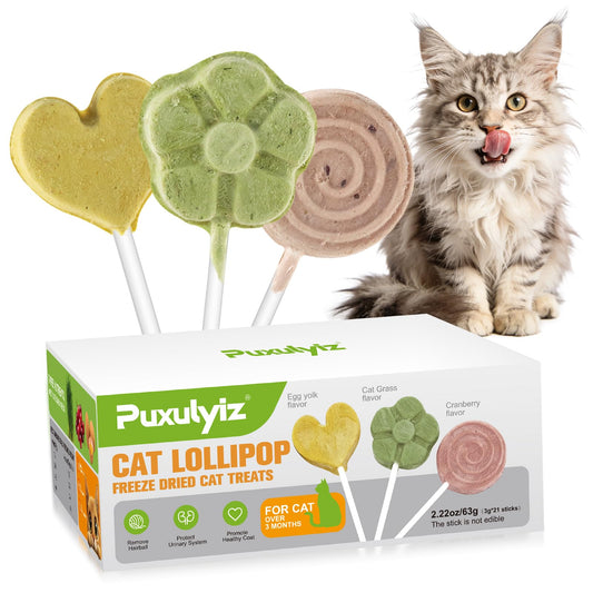 Puxulyiz 21pc Cat Lollipop Treats, Cat Grass Treats High Protein Nutrient Rich for Hairball Control and Healthy Coat, Cat Treats with Catgrass, Cranberry, Egg Yolk Flavor