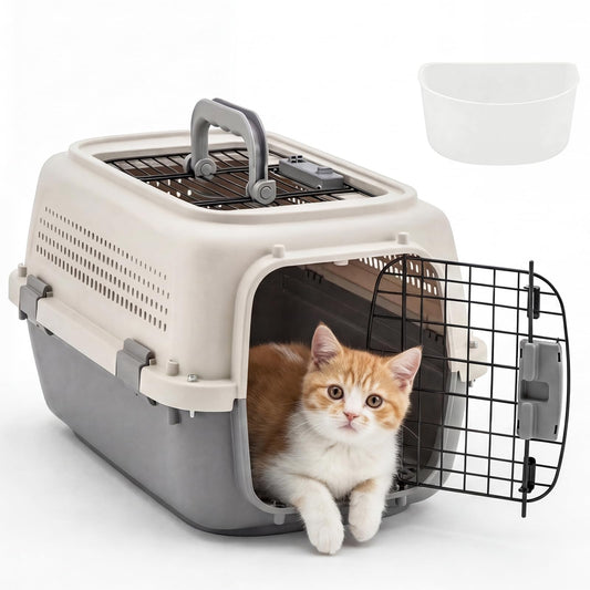 DUMOS 23" Hard-Sided Pet Carrier for Small Dogs & Cats, Airline Approved Travel Crate with Enhanced Security Latches, Front & Top Load Wire Door, Food Bowl for Traveling, Hiking, Camping - Beige&Grey