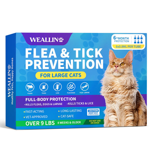 WEALLIN Flea and Tick Prevention for Large Cat, Fleas and Ticks Treatment for Cats Over 9 lbs, Topical Cat Flea Treatment, Fast-Acting & Long-Lasting Fleas Control for Cats, 6-Dose Supply