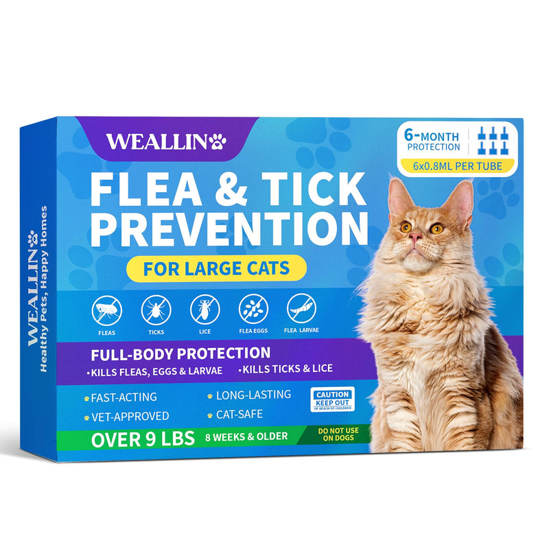 WEALLIN Flea and Tick Prevention for Large Cat, Fleas and Ticks Treatment for Cats Over 9 lbs, Topical Cat Flea Treatment, Fast-Acting & Long-Lasting Fleas Control for Cats, 6-Dose Supply