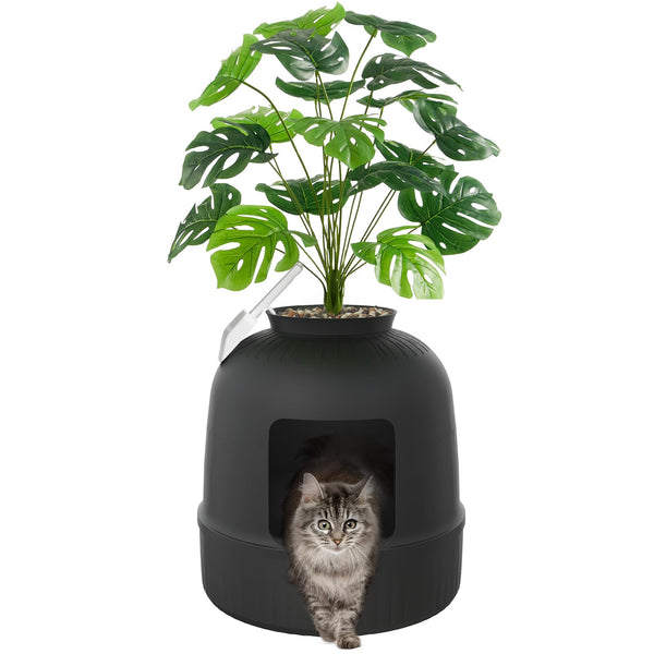 Lifewit Cat Litter Box, Hidden Enclosure Litter Tray with Odor Control & Carbon Filter in Living Room, Bedroom, Corner with Faux Plant& Plastic Scoop, 48 x 120 cm/19x47, Black