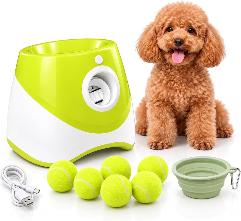 PT5 Automatic Dog Ball Launcher for Small Dogs, 6 × 2-Inch Mini Tennis Balls, Rechargeable Fetch Machine with 3 Launch D