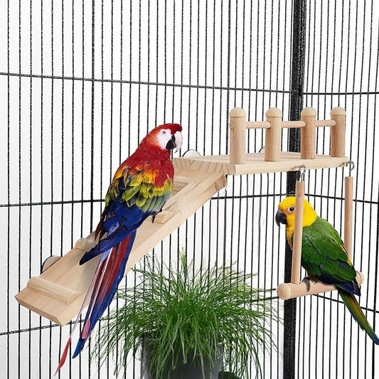 Wooden Bird Habitat Platform with Swing and Ladder - Sturdy Long Tailed Parrot cage Accessory, Suitable for Exercising and Entertaining Bird Games Gym - Perfect for Parrots, Canaries, Sparrows