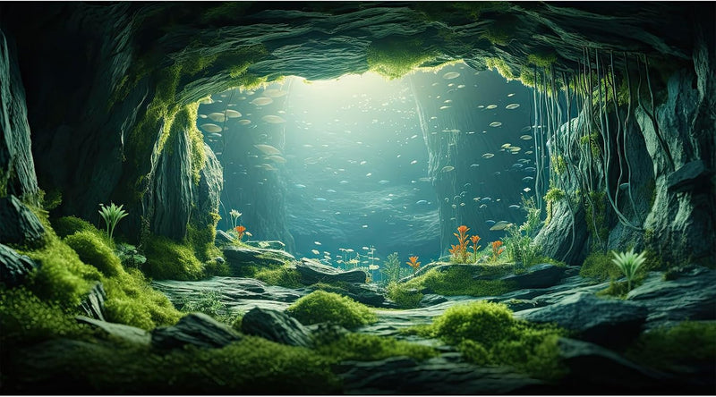 Underwater Cave Aquarium Background Under The Sea World Large Rock Fish Tank Background Aquatic Plant Lush Green Moss Re