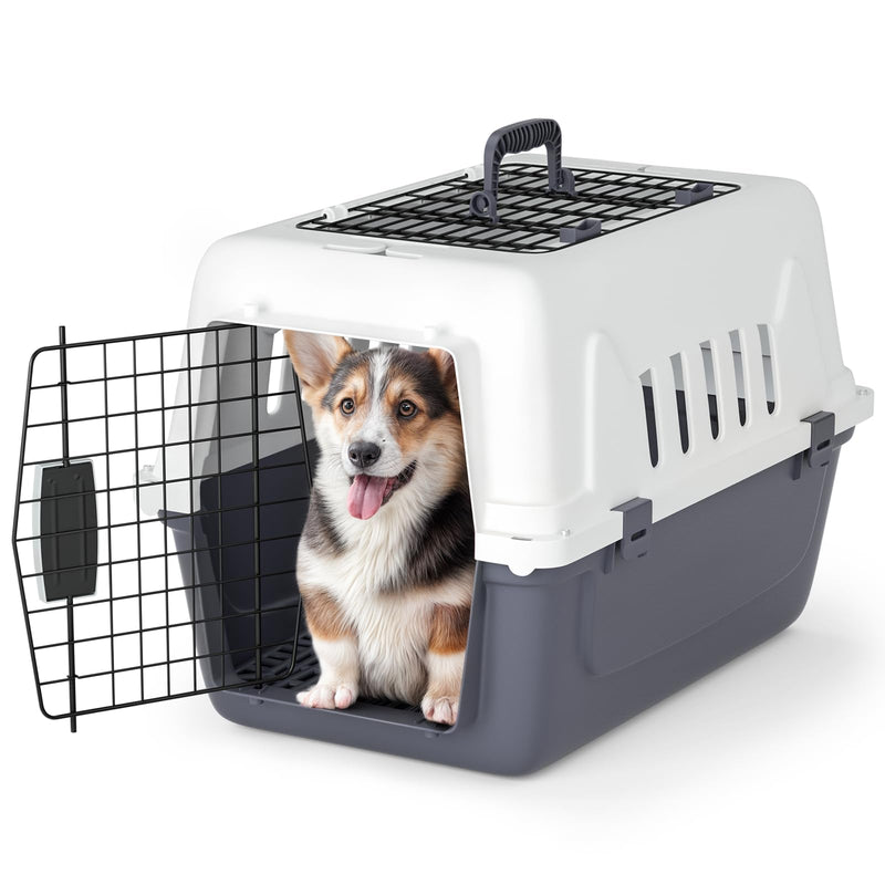 Magshion 22 Inch Hard-Sided Plastic Dog Carrier, 2-Door Top-Loading Kennel for Small Dogs and Cats Longer Traveling, Durable Handle, and 4 Sides Ventilation for Pet Up 22 lbs (White+Grey)