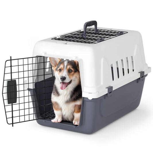 Magshion 22 Inch Hard-Sided Plastic Dog Carrier, 2-Door Top-Loading Kennel for Small Dogs and Cats Longer Traveling, Durable Handle, and 4 Sides Ventilation for Pet Up 22 lbs (White+Grey)