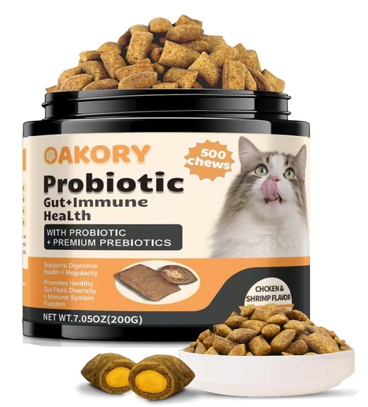 Cat Probiotics Tasty Chews –500 Chews Crunchy & Creamy Texture, with Fish Oil Omega-3 Skin & Coat Health Digestive & Gut Support, Constipation Relief, Healthy Stool, Chicken Flavor with Cheese Center