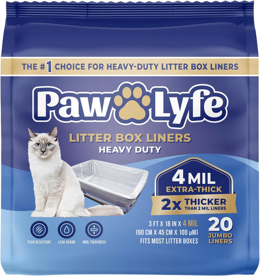 PawLyfe Jumbo Cat Litter Box Liners - 4MIL Extra Thick Heavy Duty Drawstring Kitty Litter Bags - Scratch and Tear-Resistant XL Cat Pan Liners for Easy Litterbox Cleanup - 36" x 18" - Box of 20 Liners