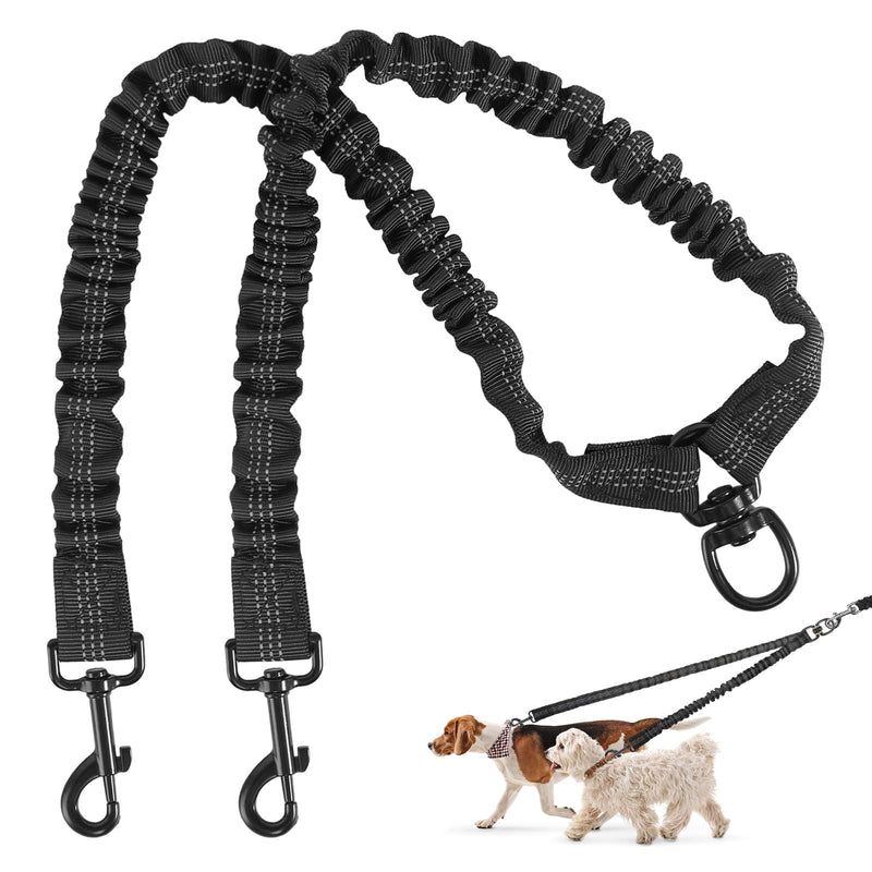 Double Dog Leash, 360° Swivel No Tangle Dog Leash for 2 Dogs, Black Shock Absorbing Reflective Bungee Double Leashs for Medium Dogs Walking Training